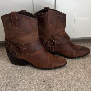 Brown Leather Western Harness Moto Ankle Boots Sz 9.5